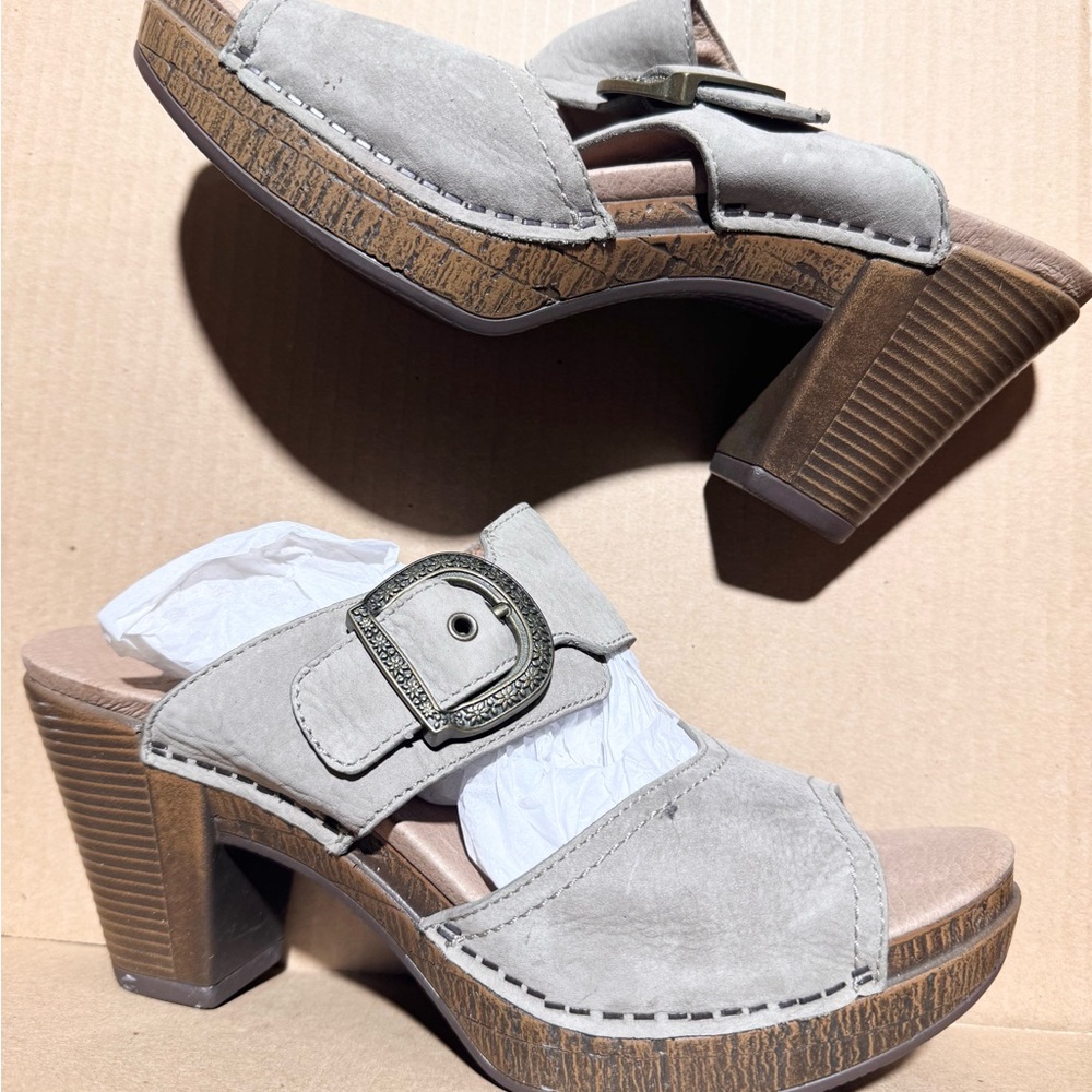 Dansko Gray Leather Mules with Wooden Heel
